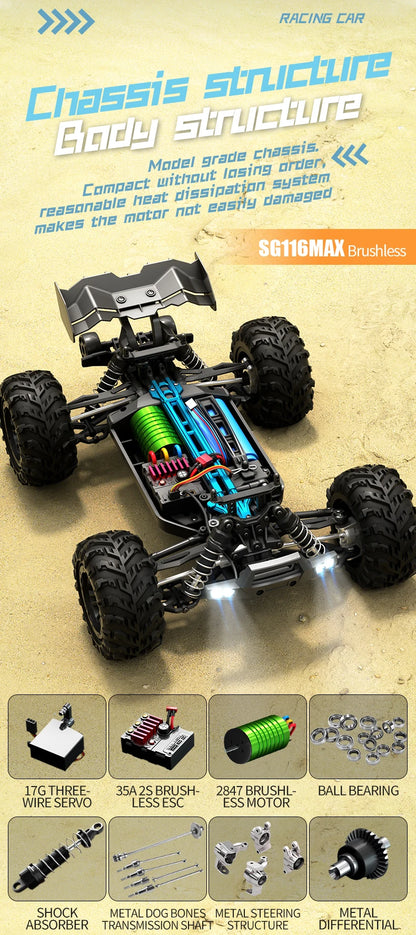 Zwart Rigid off-road RC-raceauto met rode velgen en LED-verlichting, uitgerust met 3 blauwe batterijen, stuurcontroller en opbergzak voor terreinrijde