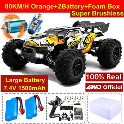 Zwart en roze 1:16 schaal RC monstertruck met grote terreinbanden en blauwe LED-verlichting, ontworpen voor speelgoedraces op zware terrein. Geschikt 