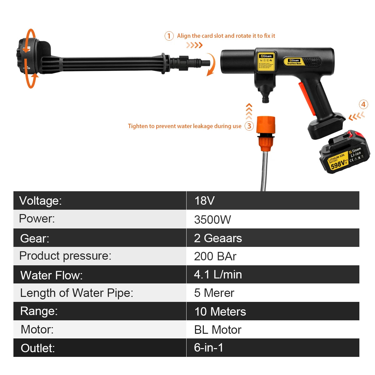 Zwart Gisam draadloze stroomreiniger met 6-in-1 spuitmondstuk, lithium-ion batterijen en accessoires voor efficiënte car wash en huishoudelijke reinig