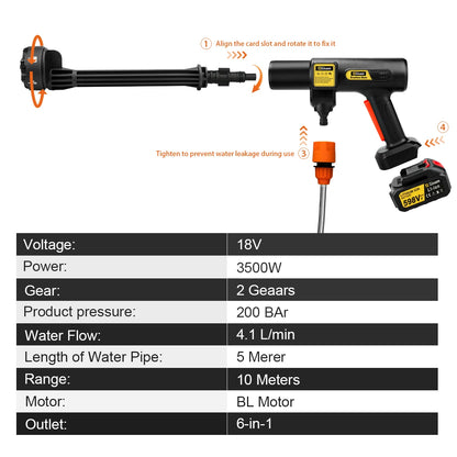 Zwart Gisam draadloze stroomreiniger met 6-in-1 spuitmondstuk, lithium-ion batterijen en accessoires voor efficiënte car wash en huishoudelijke reinig