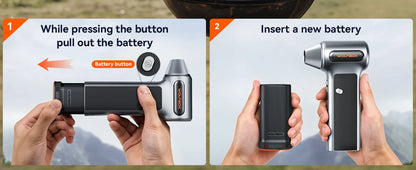 De Wolfbox MF200 air duster in zwart met zilveren accenten, inclusief borstel, kuifborstel, accessoires en USB-kabel, geschikt voor het schoonmaken va