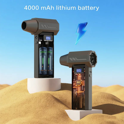 Zwarte draadloze superkrachtige turbo ventilator met digitale display, inclusief diverse accessoires voor auto’s en huishoudelijk gebruik. Geschikt vo