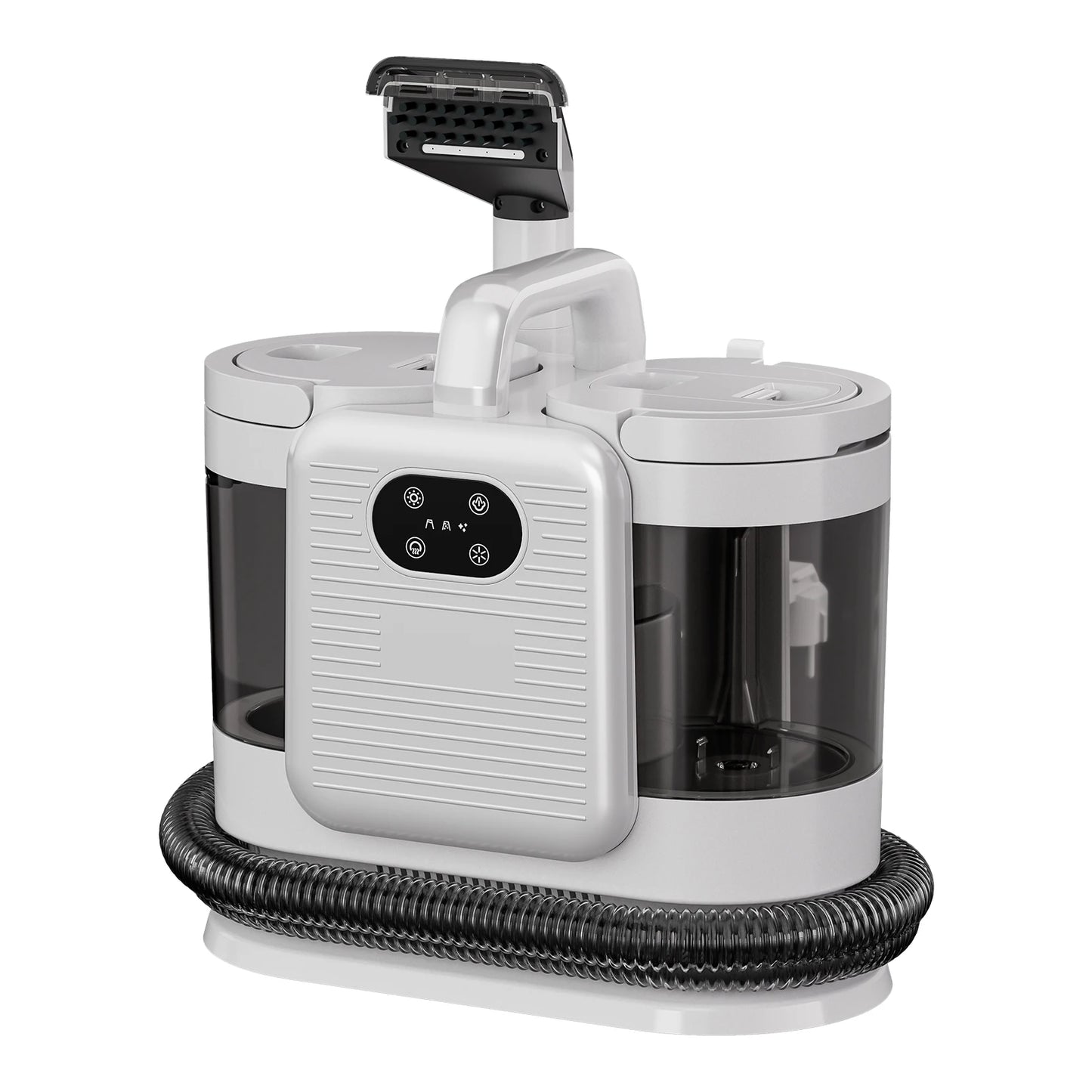 De witte Omeser stoomreiniger met zwarte slang en transparante waterreservoir, uitgerust met diverse accessoires voor efficiënte stofzuiging en stoomr