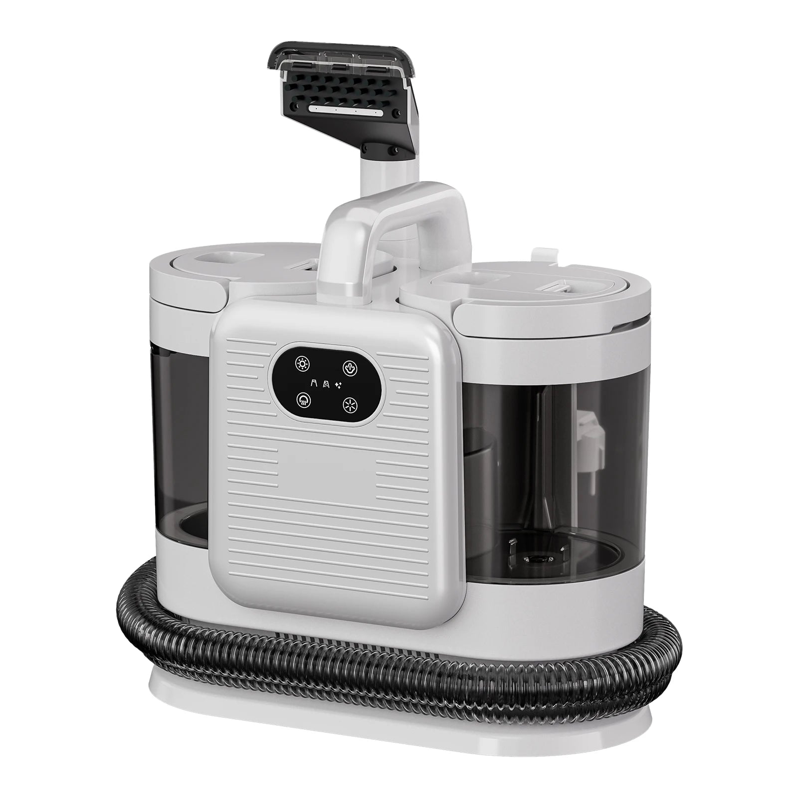 De witte Omeser stoomreiniger met zwarte slang en transparante waterreservoir, uitgerust met diverse accessoires voor efficiënte stofzuiging en stoomr