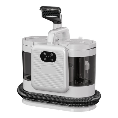 De witte Omeser stoomreiniger met zwarte slang en transparante waterreservoir, uitgerust met diverse accessoires voor efficiënte stofzuiging en stoomr