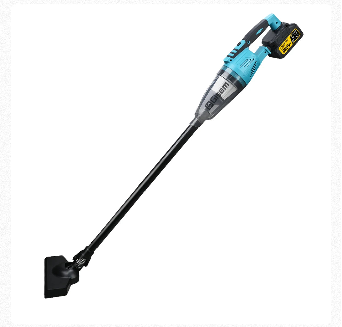 De Gisam draadloze stofzuiger in blauw-zwart, met lithium-ion batterij en diverse accessoires, is krachtig voor het schoonmaken van vloeren en meubila