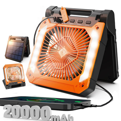 Groene draagbare ventilator met LED-verlichting en zonnepaneel, uitgerust met USB-poorten en 20000mAh accu voor outdoor-gebruik en mobiele oplading. -