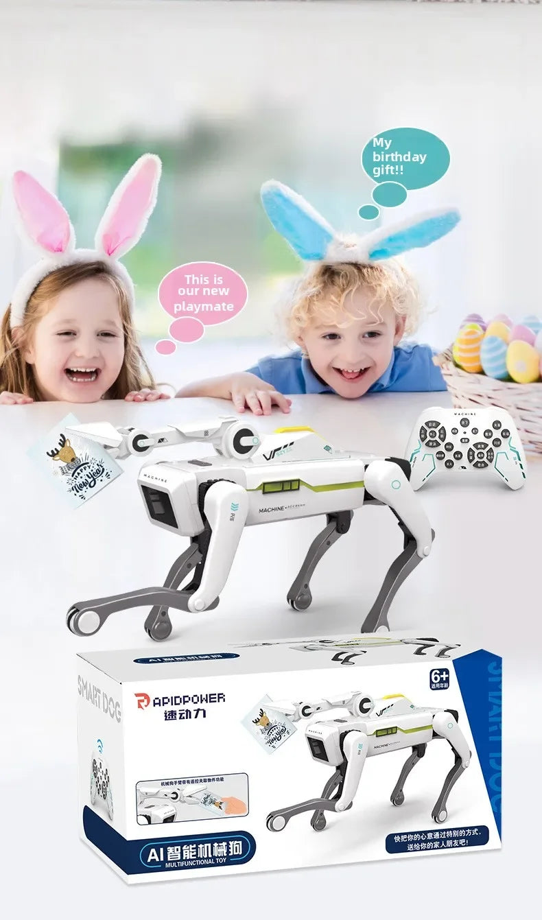 De witte 2.4G RC Smart Dog met groene accenten en zwarte poten, voorzien van een Bluetooth-controller, is een slimme hondrobot voor speelplezier en in