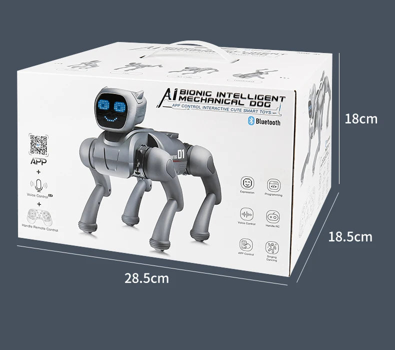 ZWN X1 AI Smart Robot Dog, zilverkleurig met blauwe LED-gezicht, speelt muziek en danst. Bluetooth-gecontroleerd, geschikt voor kinderen en speelgoedv