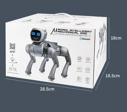 ZWN X1 AI Smart Robot Dog, zilverkleurig met blauwe LED-gezicht, speelt muziek en danst. Bluetooth-gecontroleerd, geschikt voor kinderen en speelgoedv