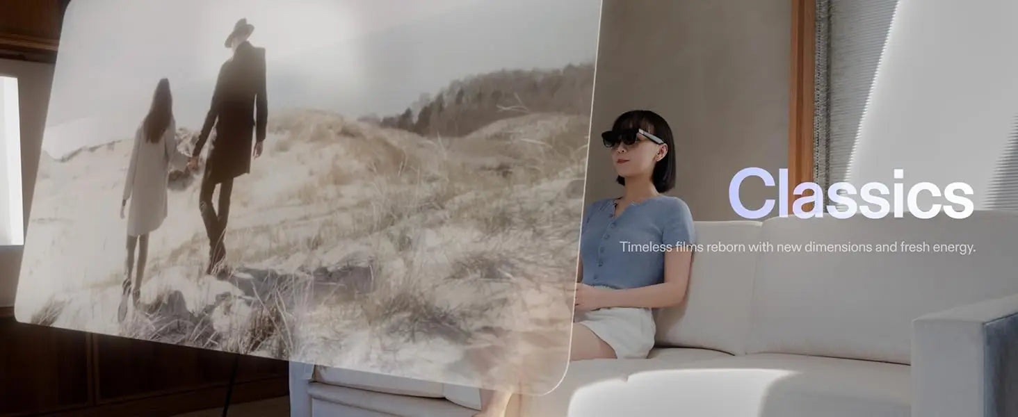 De XREAL 1S AR-bril in donkerblauw met zwart frame, geleverd met oplader, hoesje en handleidingen, geschikt voor mobiele virtuele realiteit en gaming.