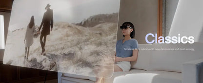 De XREAL 1S AR-bril in donkerblauw met zwart frame, geleverd met oplader, hoesje en handleidingen, geschikt voor mobiele virtuele realiteit en gaming.