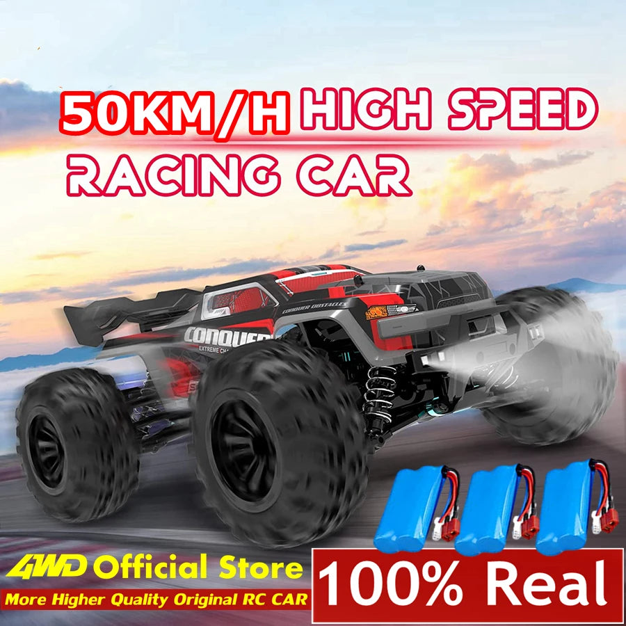 Een 1:16 schaal RC monstertruck met zwarte en roze lichaam, grote terreinbanden en blauwe LED-verlichting, ontworpen voor speelgoedraces op zware terr