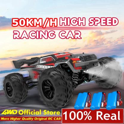 Een 1:16 schaal RC monstertruck met zwarte en roze lichaam, grote terreinbanden en blauwe LED-verlichting, ontworpen voor speelgoedraces op zware terr