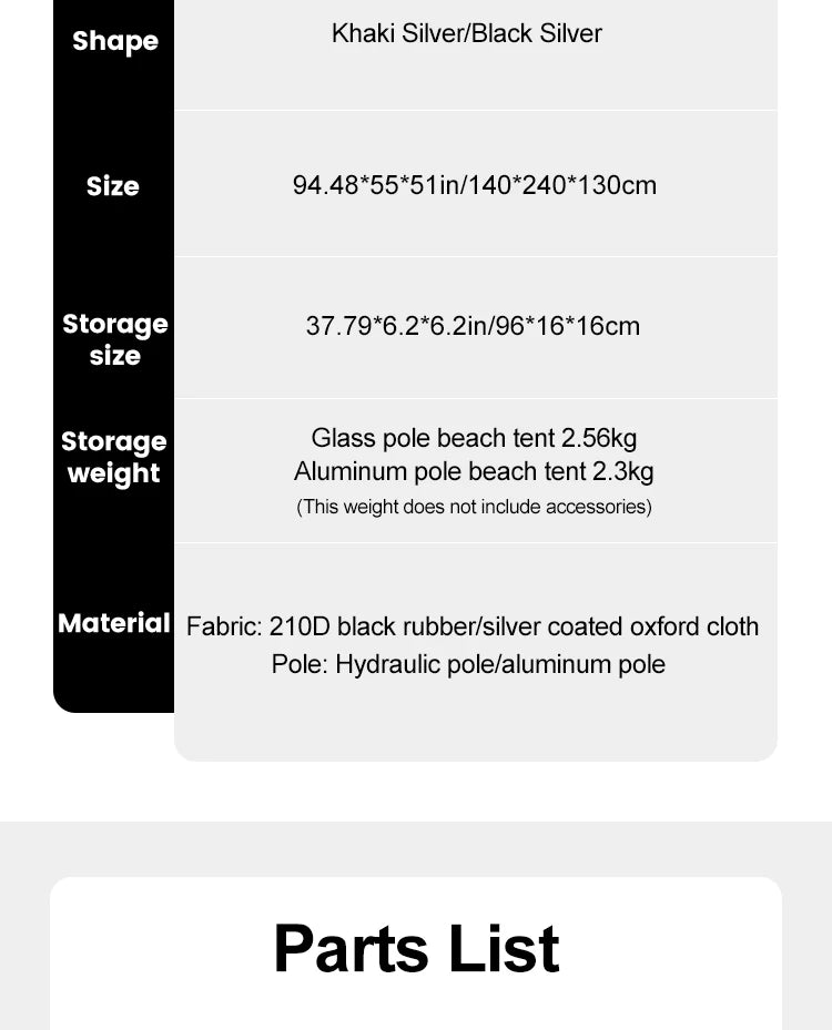 Zilveren vinyl zonnescherm met UPF60+ bescherming, opgezet op het strand met twee vouwstoelen en tafel. Ideaal voor zonbescherming tijdens kamperen of