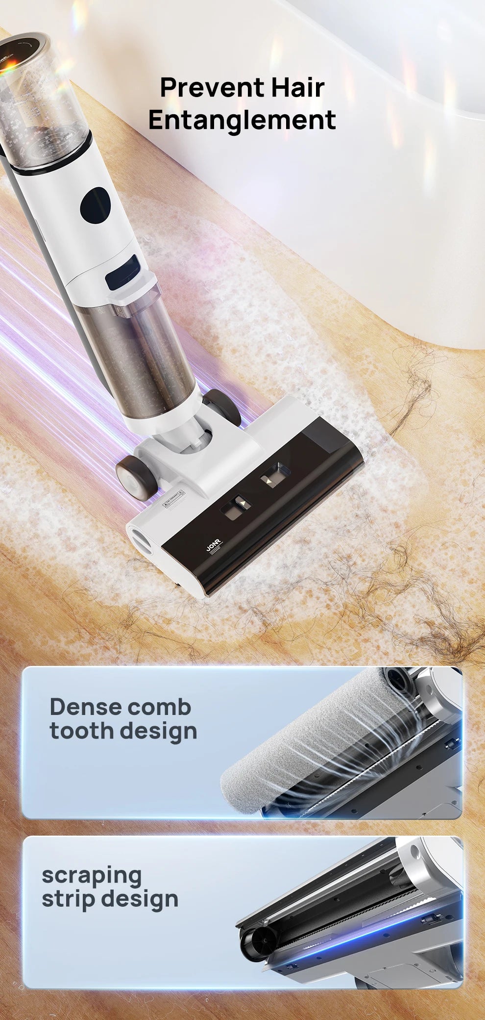 Een witte, draadloze stofzuiger met waterdichte borstel voor huishoudelijke reiniging. Zichtbaar met waterdruk-effect en oplader, geschikt voor vloere