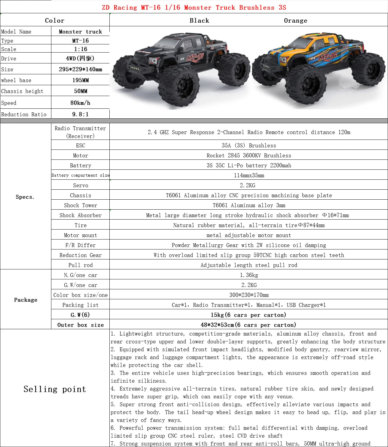 Oranje en blauwe RC monstertruck met grote zwarte banden en zichtbare "MT-16" sticker, geplaatst naast zijn zwarte stuurunit voor terreinrijden en spe