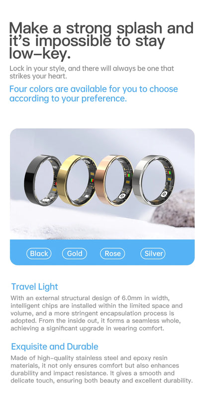 Een slimme ring in zilver, zwart en goud, met zichtbare elektronica en sensoren, geschikt voor sportief gebruik en waterdicht op IP68-standaard. - Foto 12