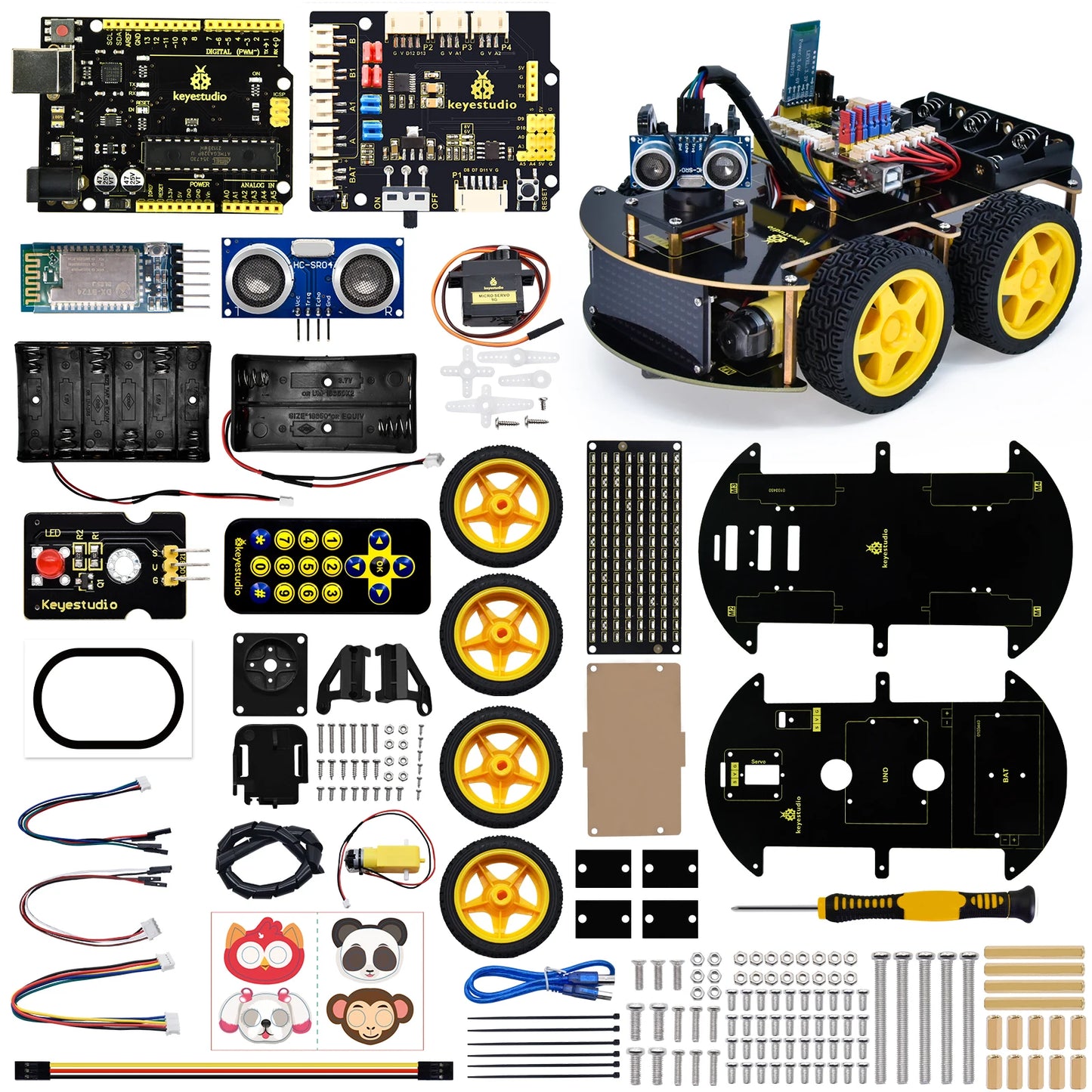 Een Keyestudio robotkit met zwarte chassis, gele wielen en diverse elektronische componenten, inclusief sensoren en een microcontroller, voor educatie