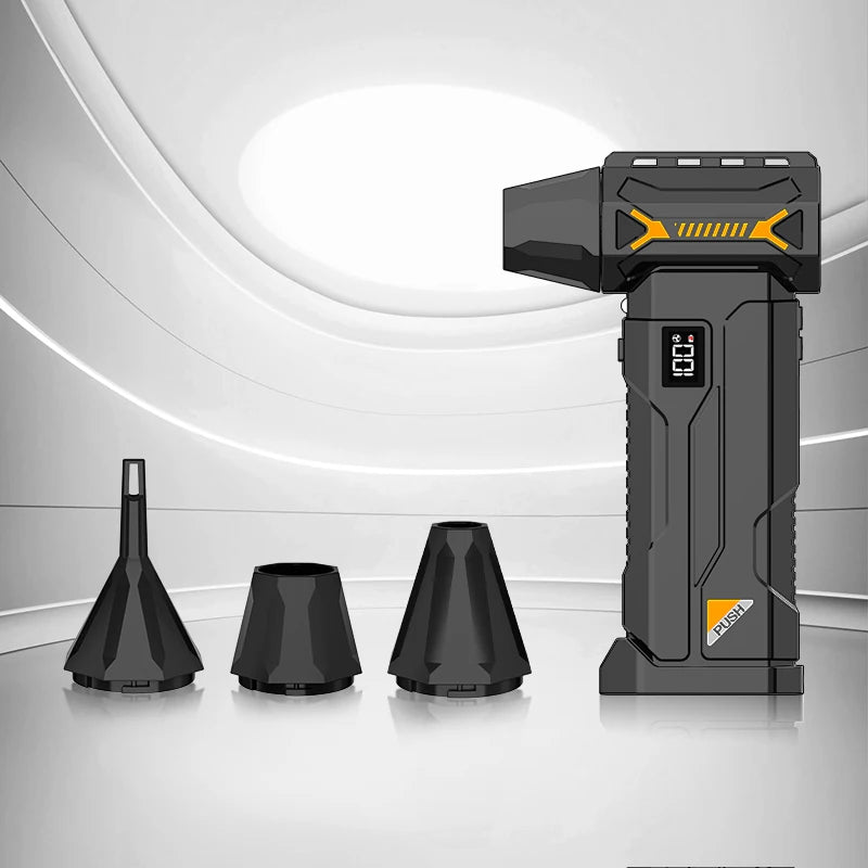 Zwarte, robuuste bladzwaaiertoren met gele accenten en digitale display, uitgerust met diverse accessoires voor krachtige luchtstroom, ideaal voor ind