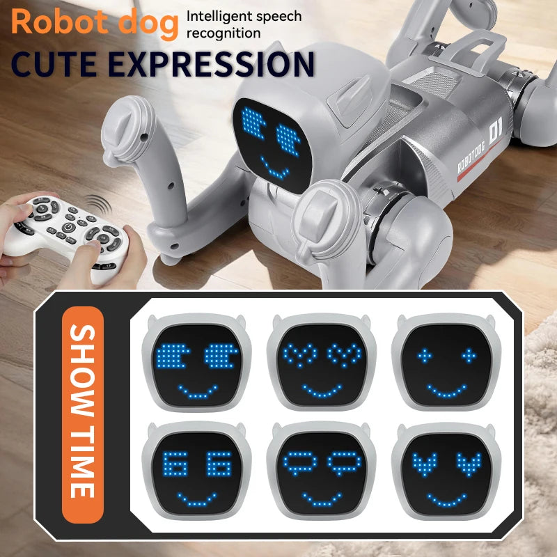 ZWN X1 AI Smart Robot Dog, zilverkleurig met blauwe LED-gezicht, speelt muziek en danst. Geschikt voor kinderen, met Bluetooth en app-controle voor in