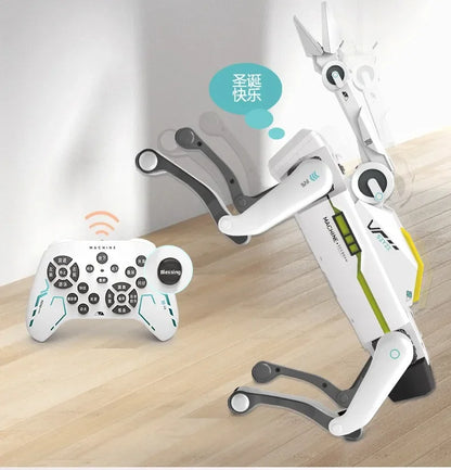 De witte 2.4G RC Smart Dog met groene accenten en zwarte poten, uitgerust met Bluetooth en een afstandsbediening, is een speelgoedrobot voor kinderen 