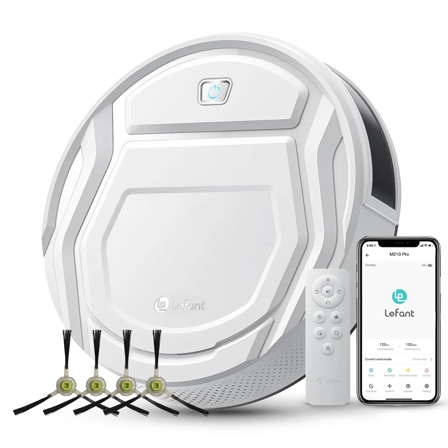 De Lefant M210 Pro+ robotstofzuiger, zwart met glanzend oppervlak, toont zijn slimme app- en smartwatchcompatibiliteit voor efficiënte huishoudelijke 