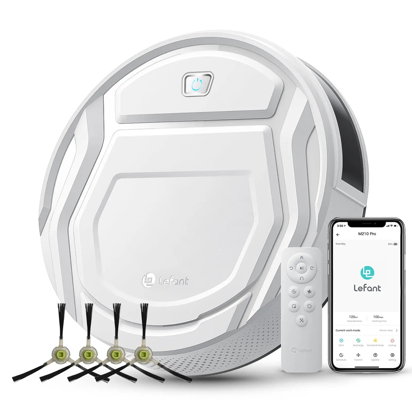 De Lefant M210 Pro+ robotstofzuiger, zwart met glanzend oppervlak, toont zijn slimme app- en smartwatchcompatibiliteit voor efficiënte huishoudelijke 