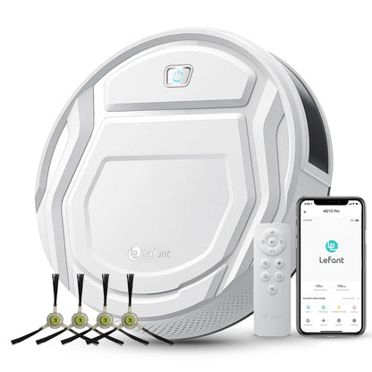 De Lefant M210 Pro+ robotstofzuiger, zwart met glanzend oppervlak, toont zijn slimme app- en smartwatchcompatibiliteit voor efficiënte huishoudelijke 