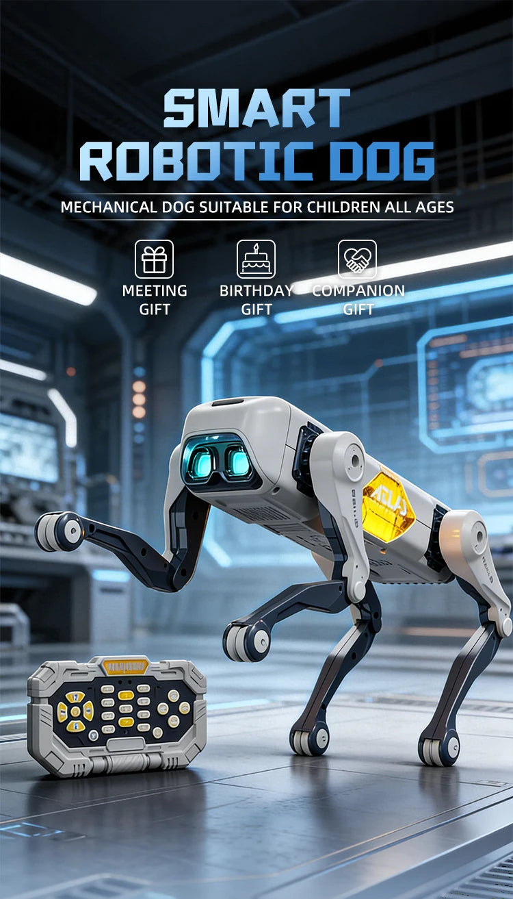 Een witte, mechanische hondrobot met blauwe oogleden en een gele 'ATLAS'-plaat, staat klaar met een afstandsbediening voor kinderen van alle leeftijde