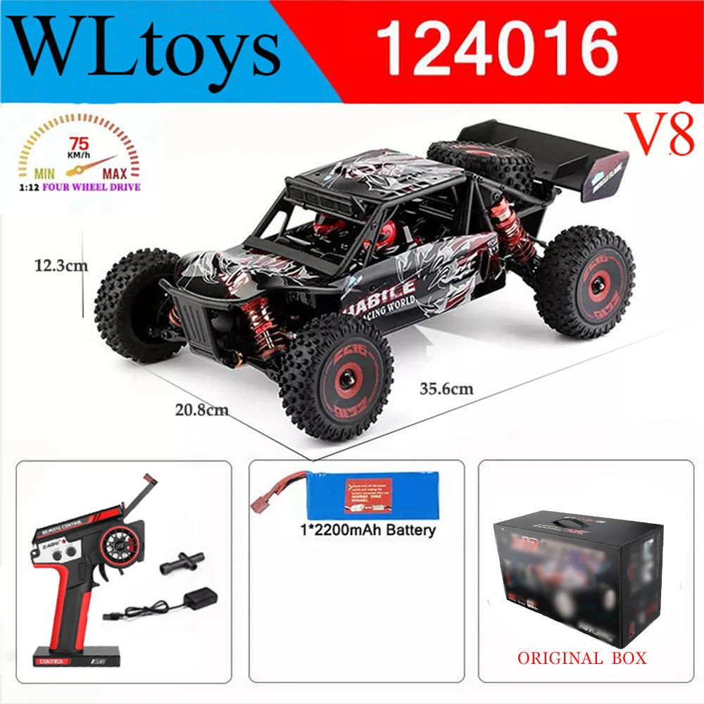 WLtoys Zealot 1:12 4WD RC-raceauto met blauw-wit camouflage, zichtbare schokdempers en rubberen banden, geschikt voor binnen- en buitenrijden. Geschik