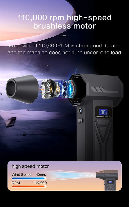 Zwarte draadloze superkrachtige turbo ventilator met digitale display, inclusief diverse accessoires voor auto’s en huishoudelijk gebruik. Compacte, m