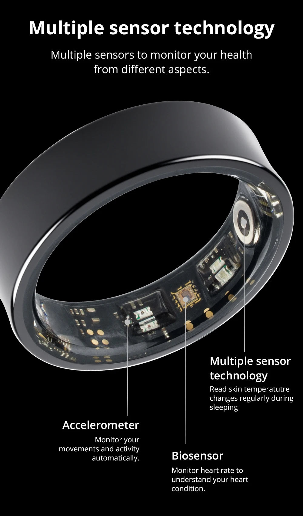 Zwart COLMi slimme ring met glanzend oppervlak en zichtbare LED’s, geleverd met een compacte oplaadcase. Ideaal voor technologie-geïnteresseerde gebruikers die een slimme accessoire zoeken voor dagelijks gebruik. - Foto 13