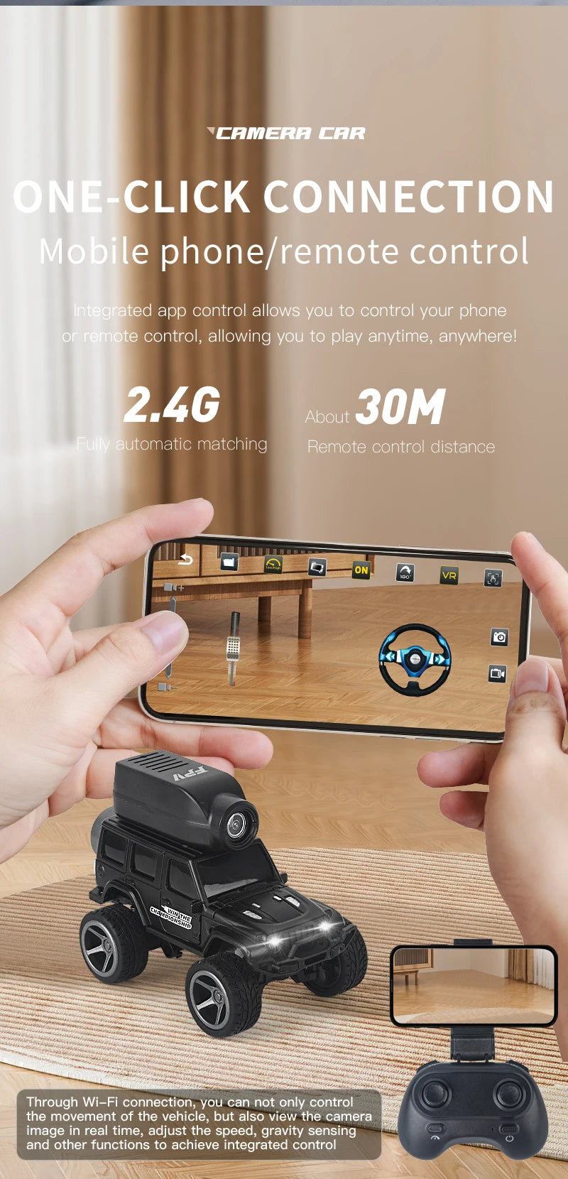 Zwart 1:64 mini klimgoedje met magnetische camera, geschikt voor indoor- en outdoor-avonturen. Zichtbaar app-controle en afstandsbediening voor speelp