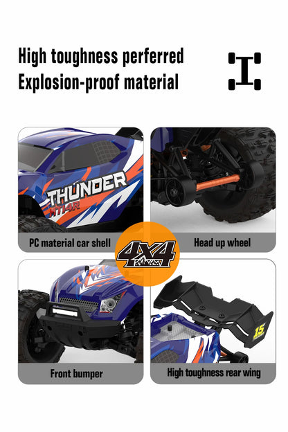Blauwe JIUSI MT14R 1/14 RC-raceauto met zwarte banden en 'STORM' en 'THUNDER' opschrift, geschikt voor speelgoedraces en buitenactiviteiten. Perfect v