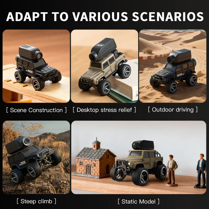 Zwart 1:64 mini klimautomaat met magnetische camera, geschikt voor indoor- en outdoor-avonturen. Zichtbaar met app-controle, shockabsorberende structu