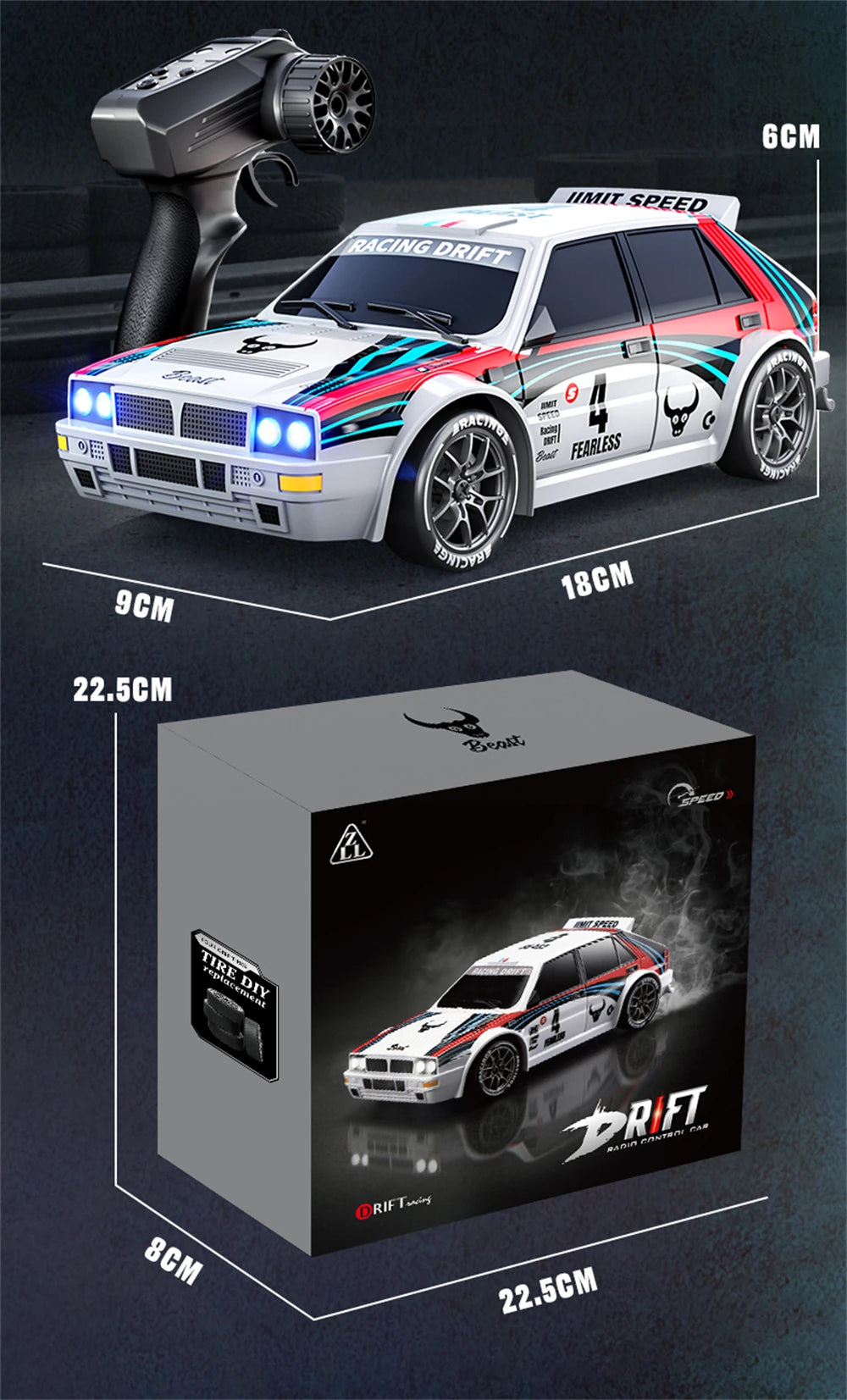 Een witte RC-rallyauto met rode en blauwe strepen, zwarte wielen en blauwe LED-verlichting, klaar voor drift- en race-activiteiten. Inclusief stuur, e