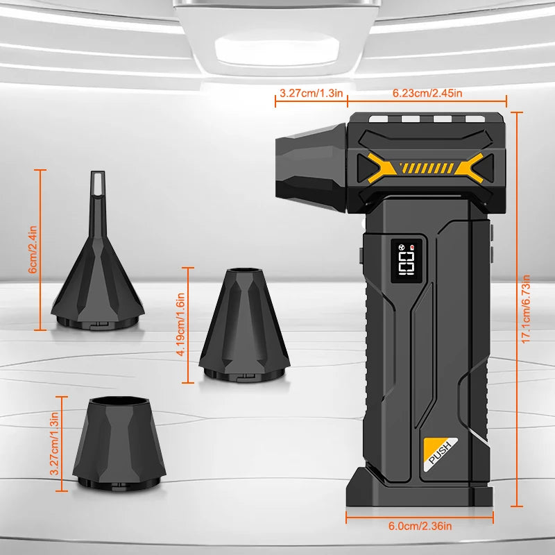 Zwarte, robuuste stofzuiger met 900.000 RPM en 240W, uitgerust met diverse accessoires voor efficiënte stofverwijdering. Geschikt voor professioneel g