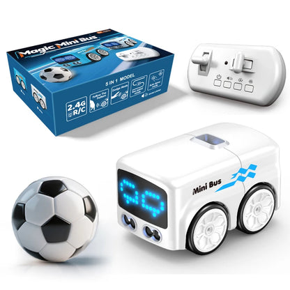 Mini bus met blauwe en witte kleuren, LED-scherm en witte wielen, bediend via afstandsbediening voor kinderen. Speelgoedbus voor speelplein of binnen,