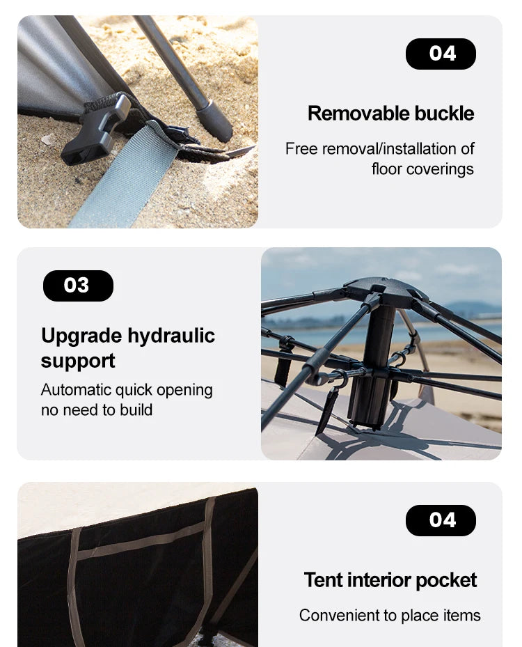 Zilveren vinyl zonnescherm met UPF60+ bescherming, opgesteld op het strand met twee vouwstoelen en tafel. Ideaal voor zonbescherming tijdens kamperen 