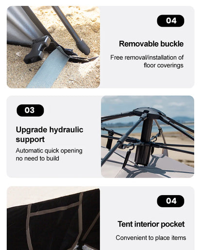 Zilveren vinyl zonnescherm met UPF60+ bescherming, opgesteld op het strand met twee vouwstoelen en tafel. Ideaal voor zonbescherming tijdens kamperen 