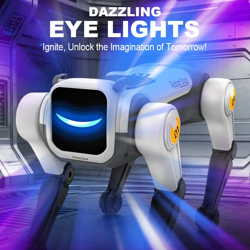 Robotdog met witte en zwarte kunststofconstructie, blauwe LED-ogen en gele knoppen, inclusief afstandsbediening, USB-kabel en blauwe batterij voor spe