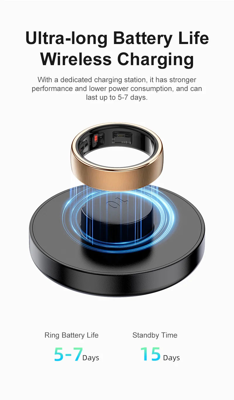 Een zilverkleurige slimme ring met glanzende, getextureerde band en zichtbare sensorlichtjes. Naast een draadloze oplader met blauwe gloed, die de ring opneemt. Perfect voor slimme gezondheidsmonitoren en dagelijkse tracking. - Foto 18