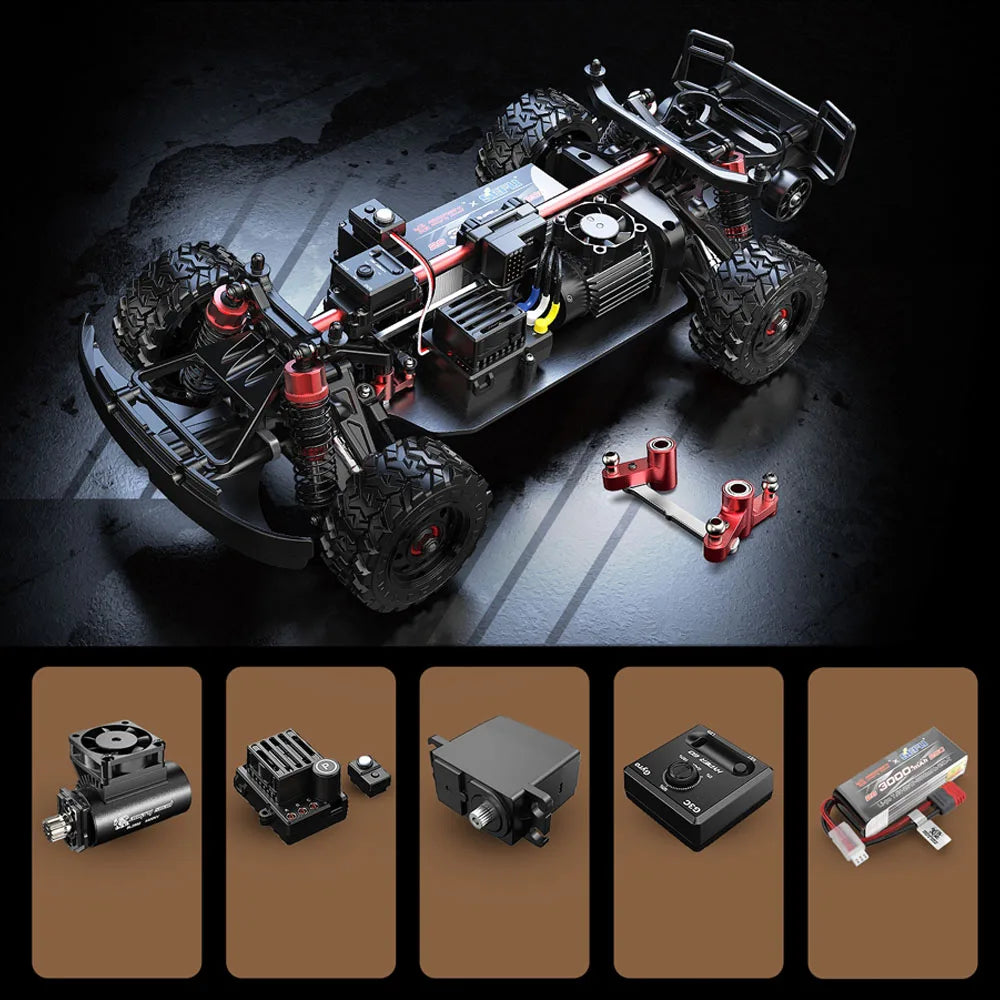 Rood-wit RC-racepick-up met blauwe LED-verlichting en zwarte banden, uitgerust met 3S en 2S batterijen voor speelplezier op zand of asfalt. Perfect vo