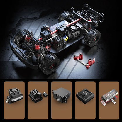 Rood-wit RC-racepick-up met blauwe LED-verlichting en zwarte banden, uitgerust met 3S en 2S batterijen voor speelplezier op zand of asfalt. Perfect vo