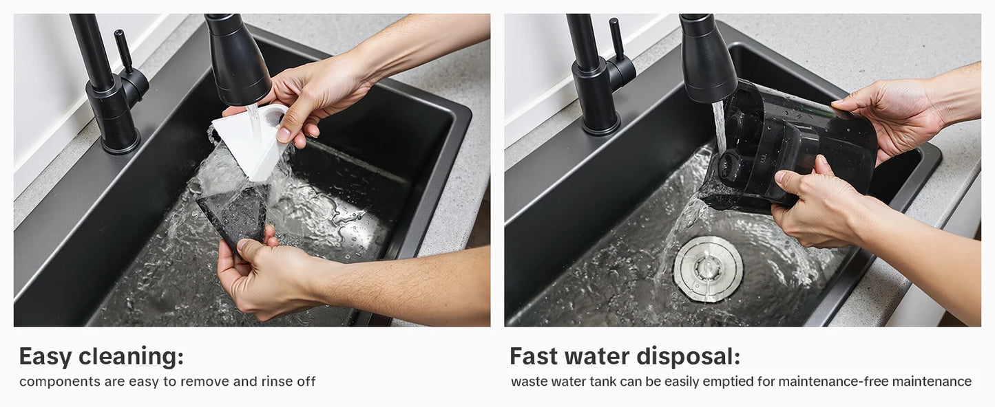 De Lubbluelu V8 stofzuiger met witte behuizing en transparante waterbakken, uitgerust met een flexibele slang en diverse borstels voor efficiënte huis