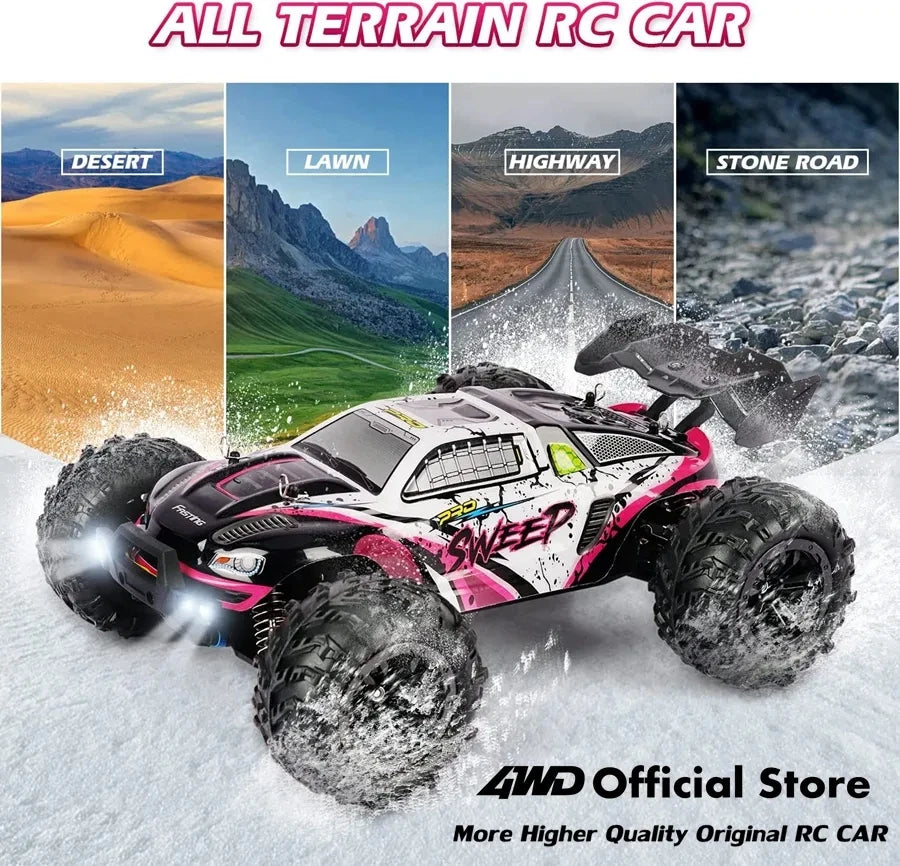 De CQnquer 1:16 schaal cross country buggy in zwart met roze accenten, voorzien van grote terreinbanden en blauwe LED-verlichting, is ontworpen voor s