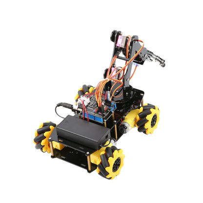 Een zwarte robotauto met gele Mecanumwielen en een robuust mechanisch arm, bedienbaar via smartphone voor educatieve programmering met ESP32 of Arduin