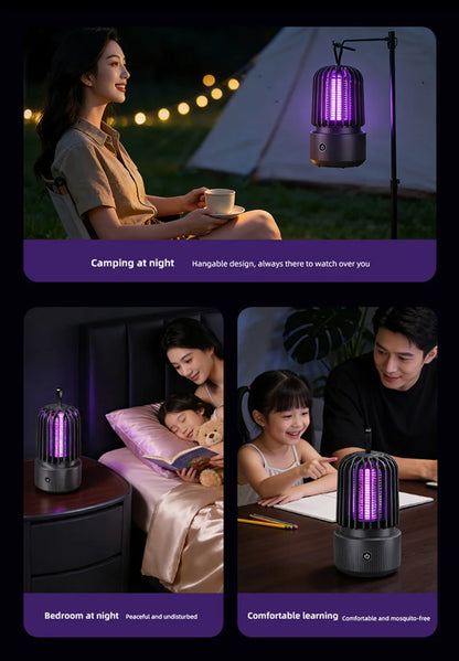 Zwart Xiaomi elektrische muggenkiller met paarse UV-lamp en hangslot, ontworpen voor binnen- en buitengebruik. Effectief tegen muggen in slaapkamers, 