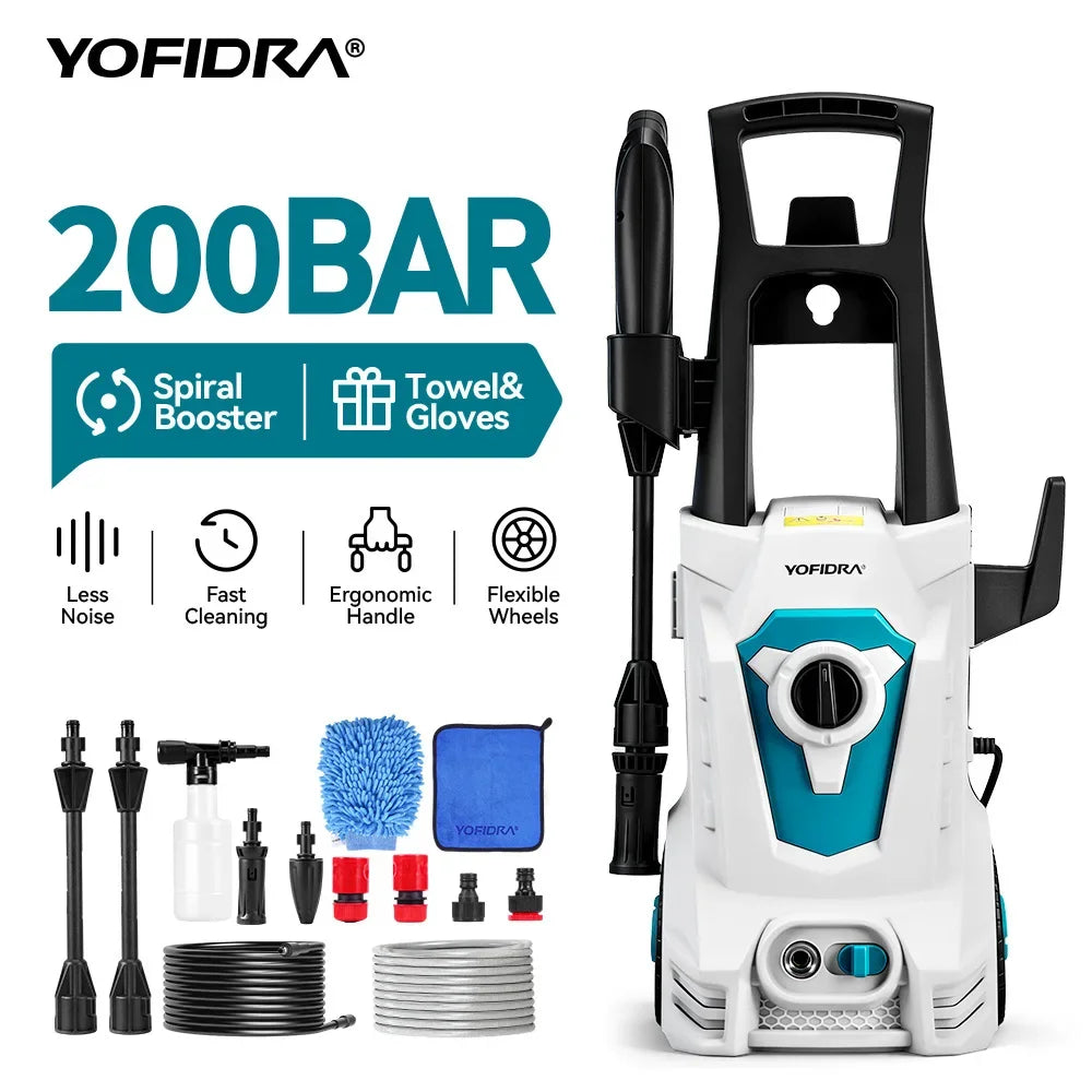 De YOFIDRA 200BAR waterstraler met blauwe en witte kleuren, inclusief flexibele wielen, schuimborstel, en accessoires voor efficiënte tuin- en carwash